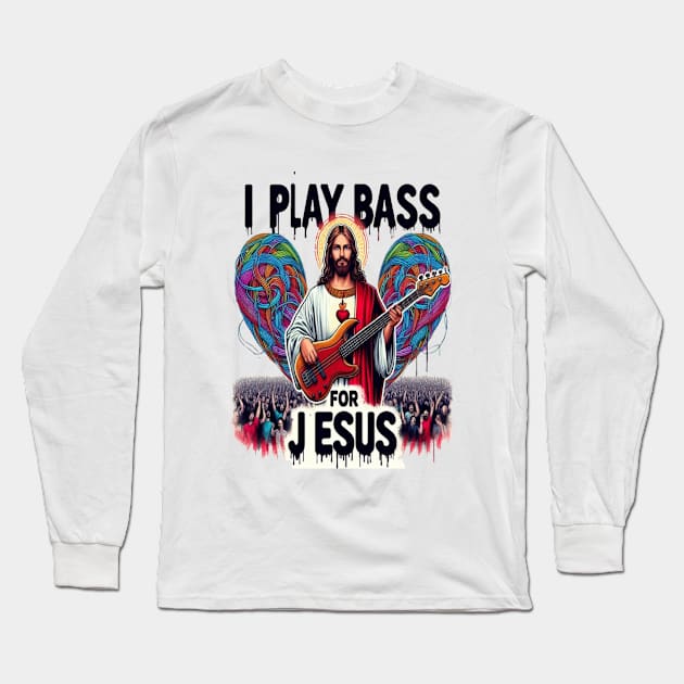 Jesus Depicted as a Bass Guitarist Performing for a Cheering Crowd Long Sleeve T-Shirt by coollooks